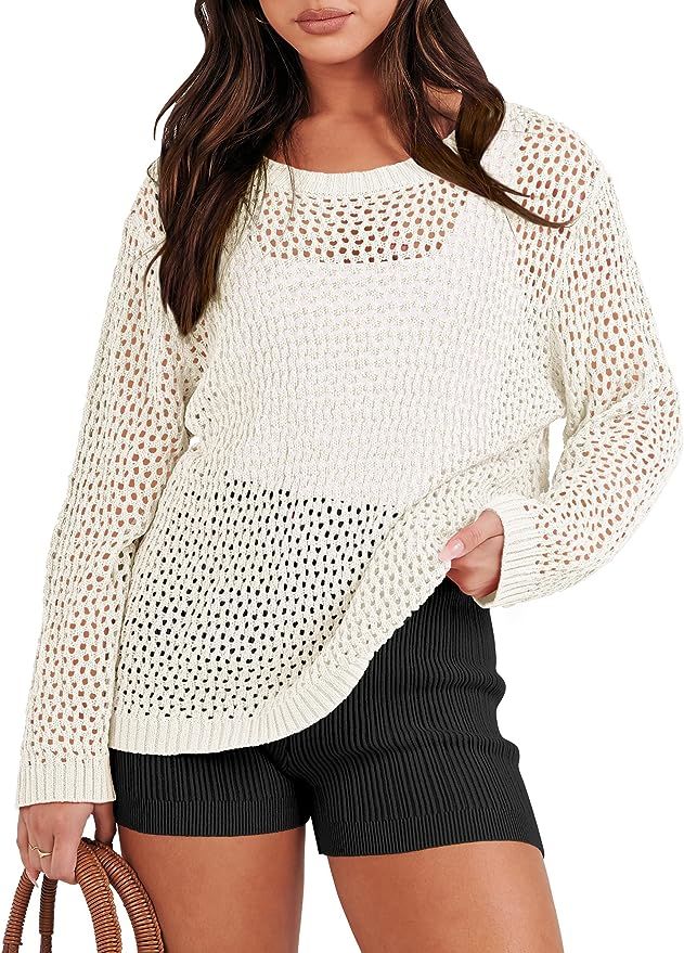 ANRABESS Women's Crochet Cover Up Sweater Top Hollow Out Long Sleeve Beach Mesh Shirt Pullover To... | Amazon (US)