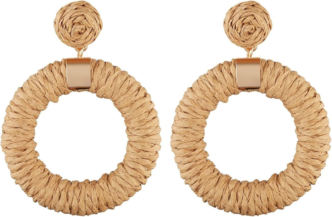 Raffia Earrings for Women,Bohemian Earrings Handmade Braid Hoop Drop Dangle Earrings | Amazon (US)