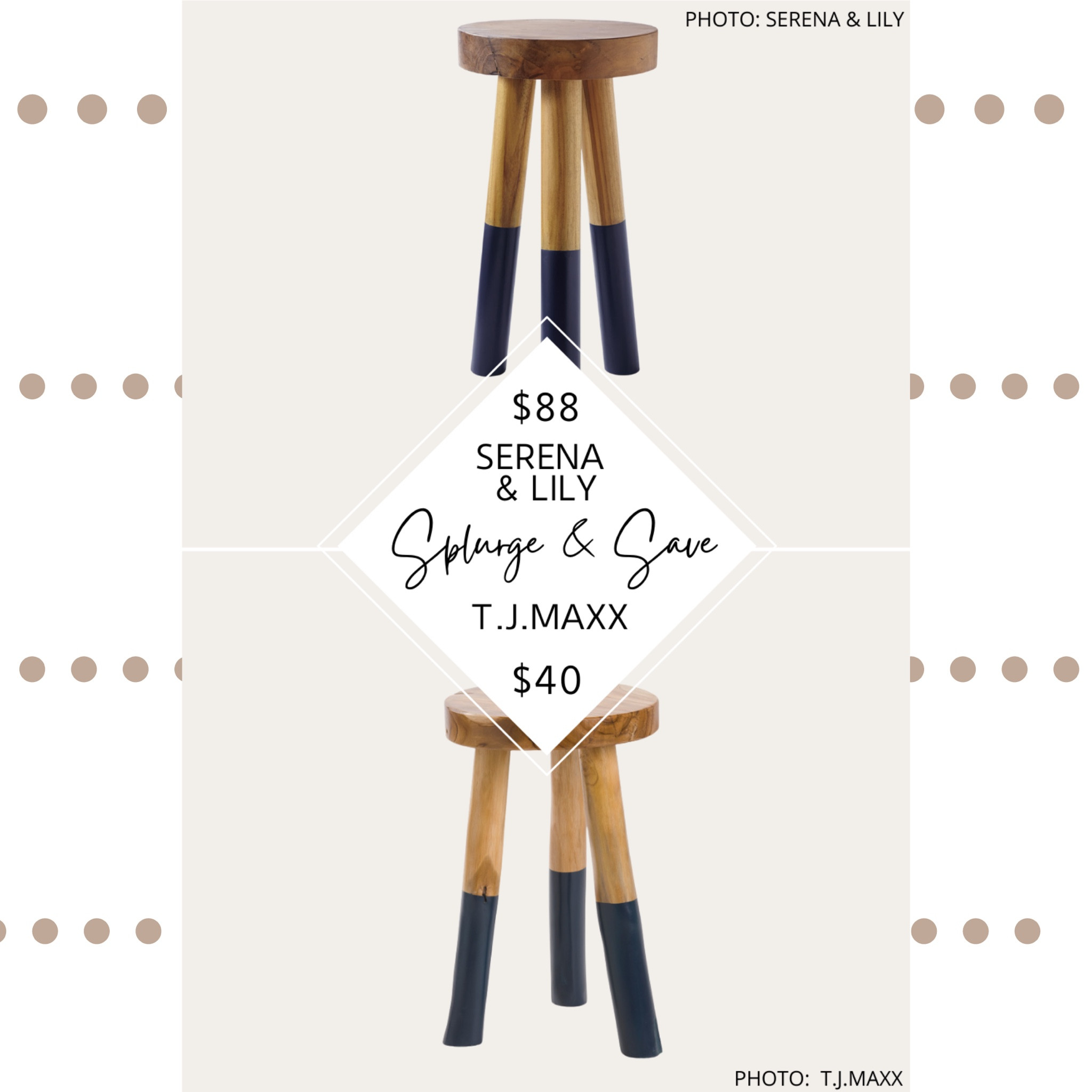 Serena and Lily’s Dip-Dyed stools are the perfect coastal furniture accent for a bedroom, living room, nursery, bathroom, or entryway. They are shaped entirely by hand, meaning each stool is one-of-a-kind. Both the small and large size stools are made of solid teak and the legs are dipped in white or blue paint.

T.J. Maxx’s Organic Round Stool is also made of solid teak and is available in one size in both white and blue.  

Both of these stools can be used as a side table, plant stand, bathroom stool, drink table, or anything else you can think of!

#serenaandlily #lookforless #serenaandlilydupe #lookalike #decorating #bedroom #livingroom #dippedstool #stool #drinktable #sidetable #table #teak #diningroom #homeoffice #coastal #furniture #homedecor #design #decor. Serena and Lily dupe. Serena and Lily dupes.  Home decor.  Home design.  Coastal home decor style. Serena and Lily dip dyed stool dupe. Serena and Lily dip dyed stools.  Coastal stools.  Coastal furniture.  Teak furniture. Serena and Lily look for less. Bathroom stool.  Nursery stool.  Dipped legs stool. Furniture.   

#LTKunder50 #LTKhome #LTKsalealert