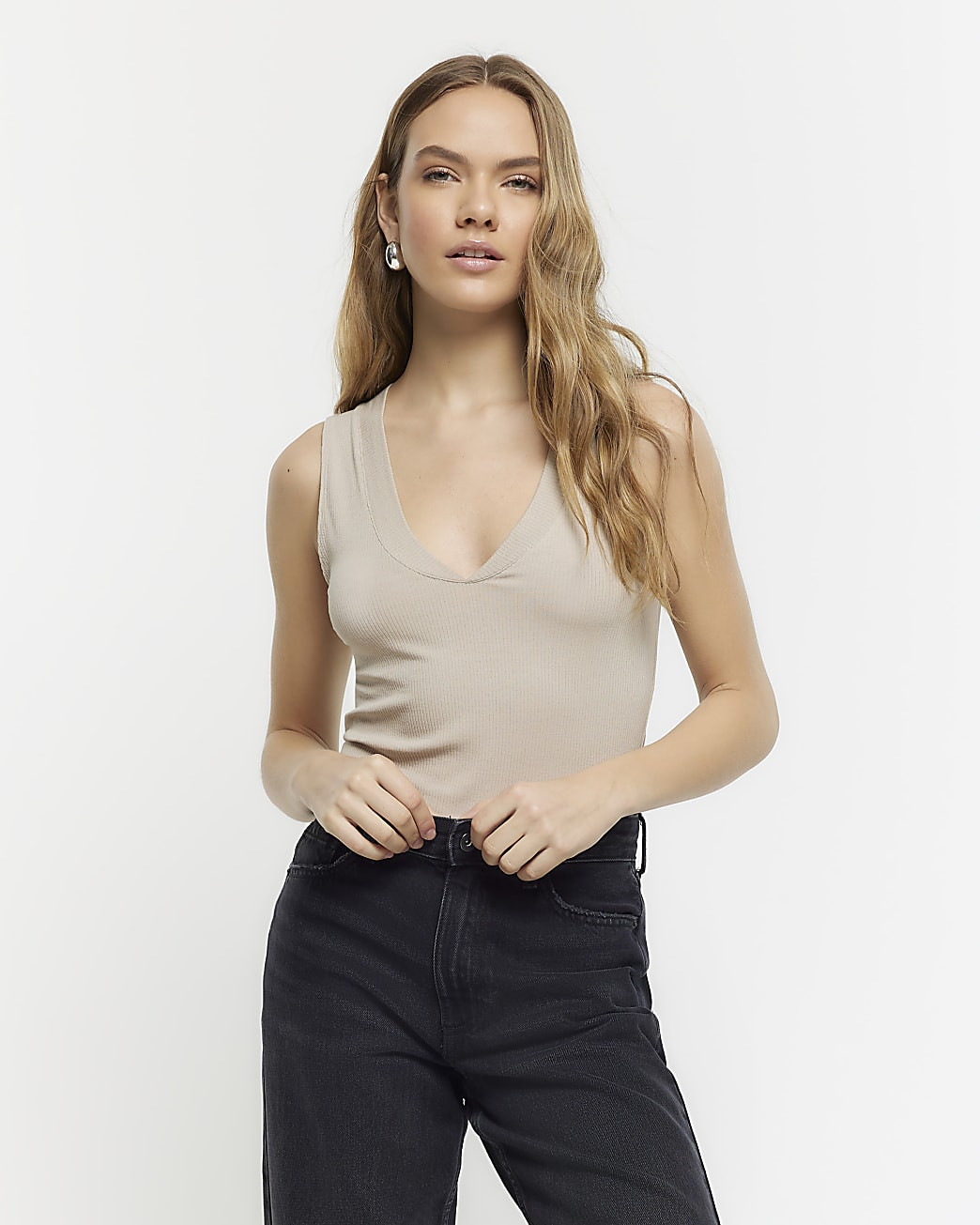 Beige ribbed v neck vest | River Island (UK & IE)