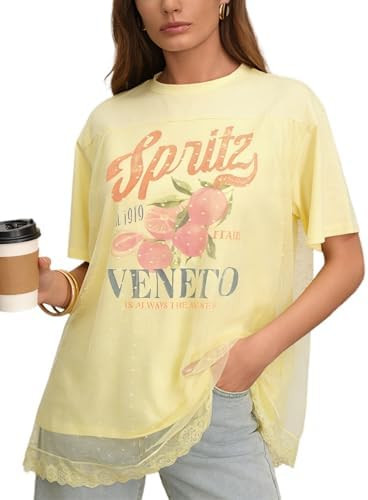 CSDAJIO Trendy Crew Neck Oversized T Shirts for Women Short Sleeve Loose Graphic Tee Summer Lace ... | Amazon (US)