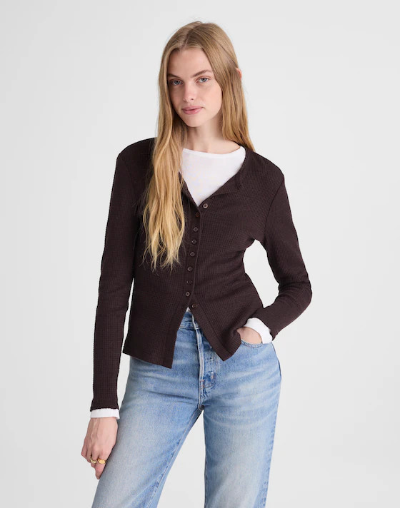 Waffle-Knit Cutaway Crewneck Cardigan | Madewell