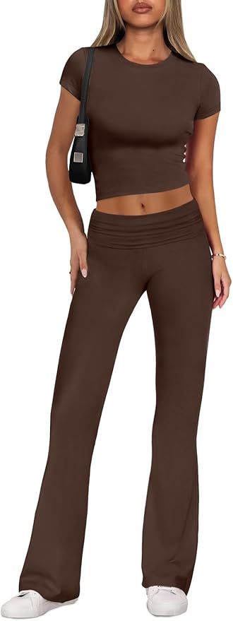 ANRABESS 2 Piece Sets for Women Foldover Yoga Flare Leggings Pants and Going Out Crop Tops Lounge... | Amazon (US)