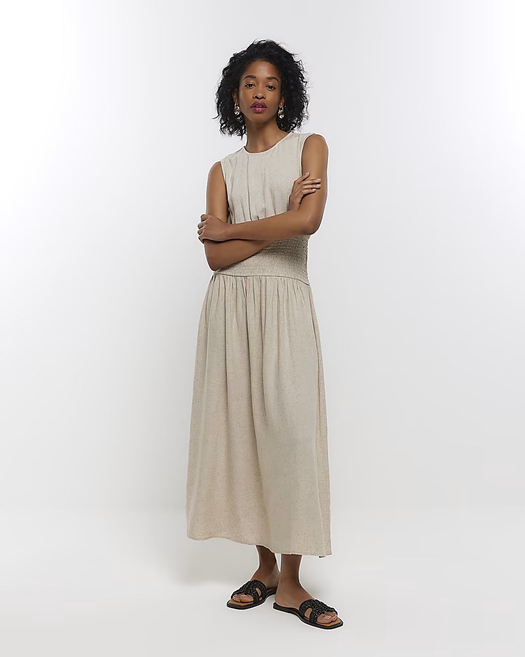 Beige midi dress with linen | River Island (US)