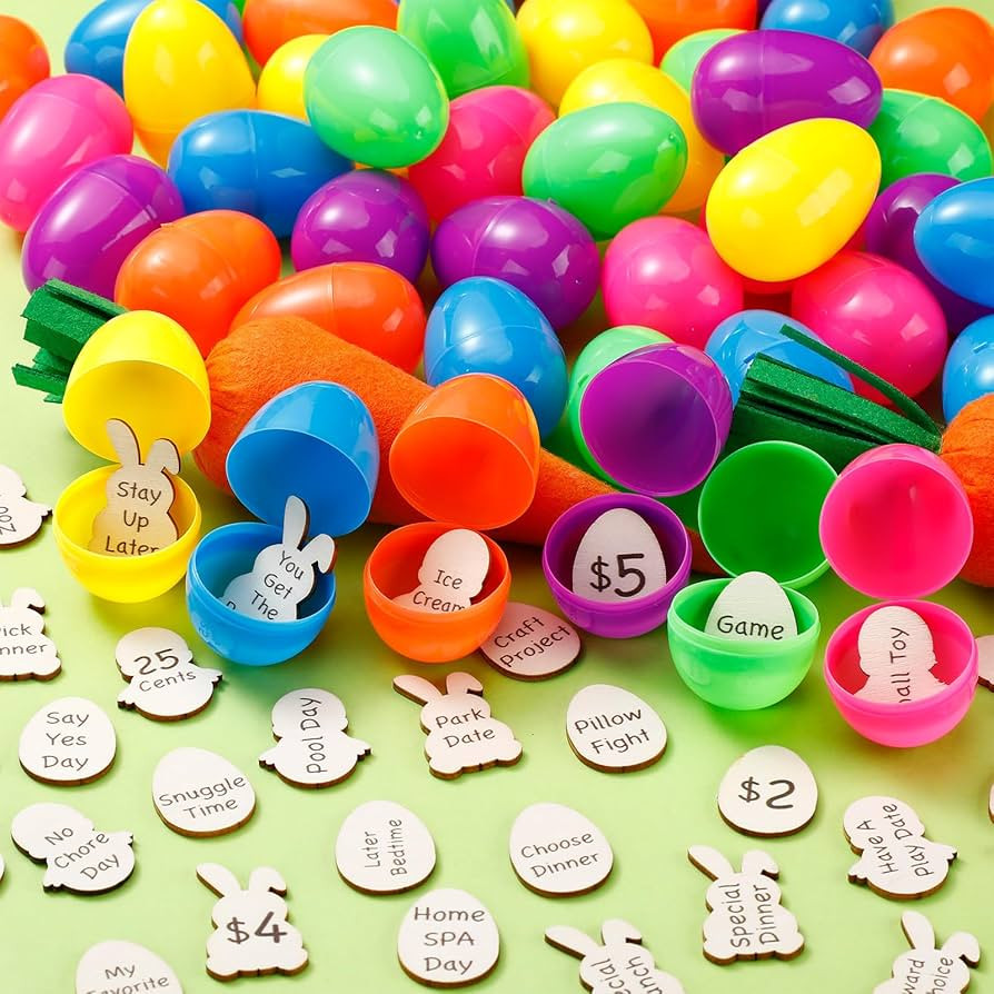 Blueweenly Set of 60 Easter Egg Tokens Wooden Easter Reward Tokens and 60 Colorful Fillable Easte... | Amazon (US)
