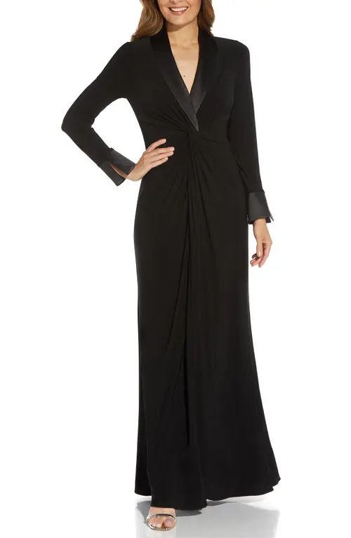 Adrianna Papell Jersey Twist Front Long Sleeve Tuxedo Gown in Black at Nordstrom, Size 10 | Nordstrom