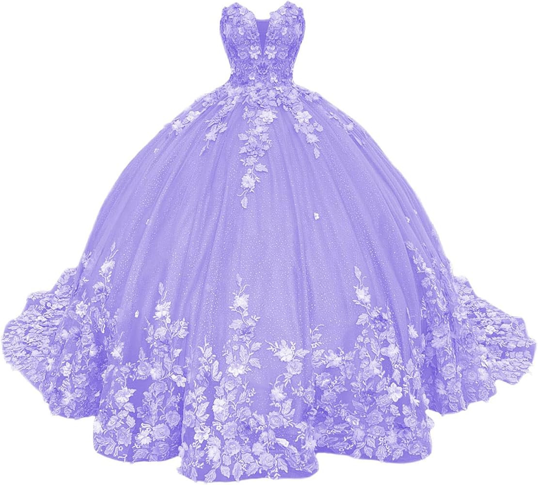 Ball Gown Strapless Quinceanera Dresses 3D Flowers Puffy Sweet 15 Gowns Short Train | Amazon (US)