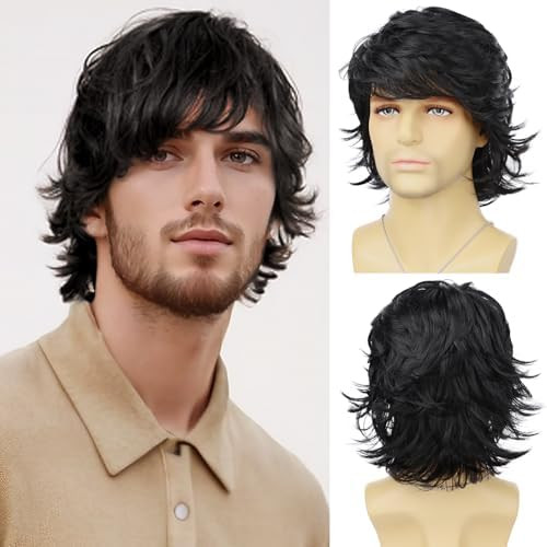 Mens Black Wig Short Layered Natural Wavy Synthetic Heat Resistant Hair Wigs Male Guy Daily Party... | Amazon (US)