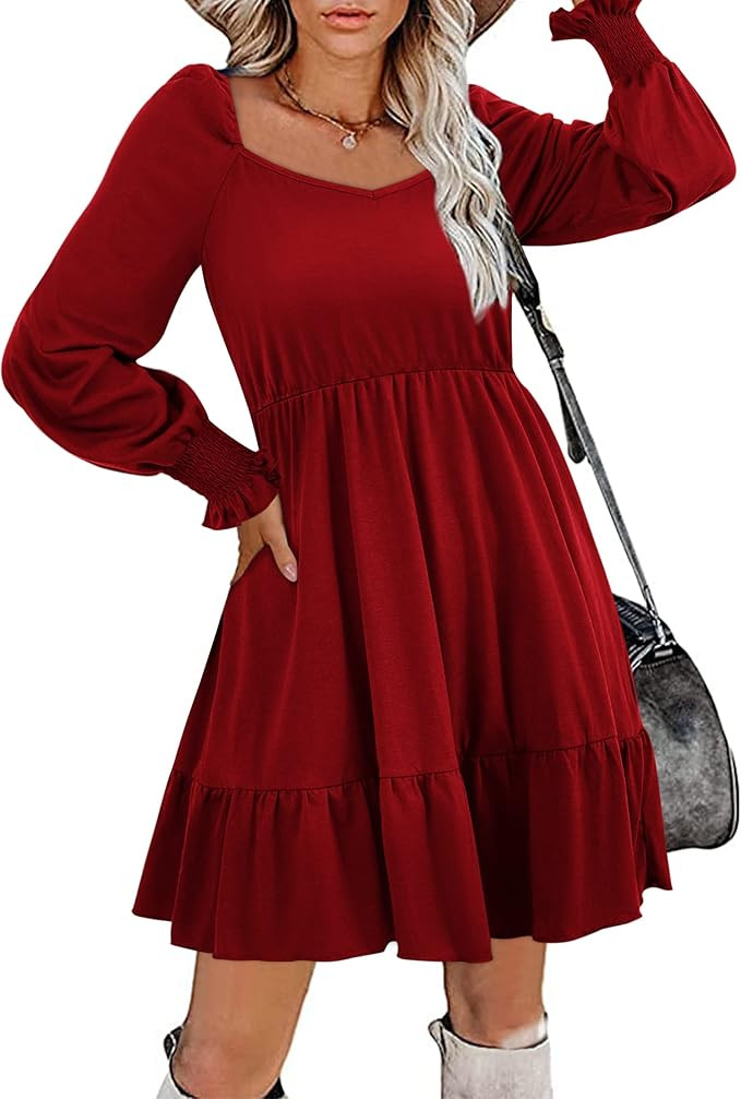 Red Long Sleeve Dress Lantern Puff Sleeve Square Neck Tunic Dress Women for Leggings at Amazon Wo... | Amazon (US)