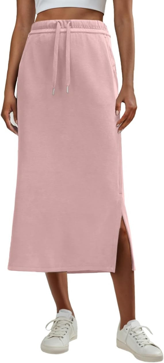 Lepunuo Casual Maxi Skirts for Womens High Waist Trendy Drawstring Side Slit Skirts with Pockets | Amazon (US)