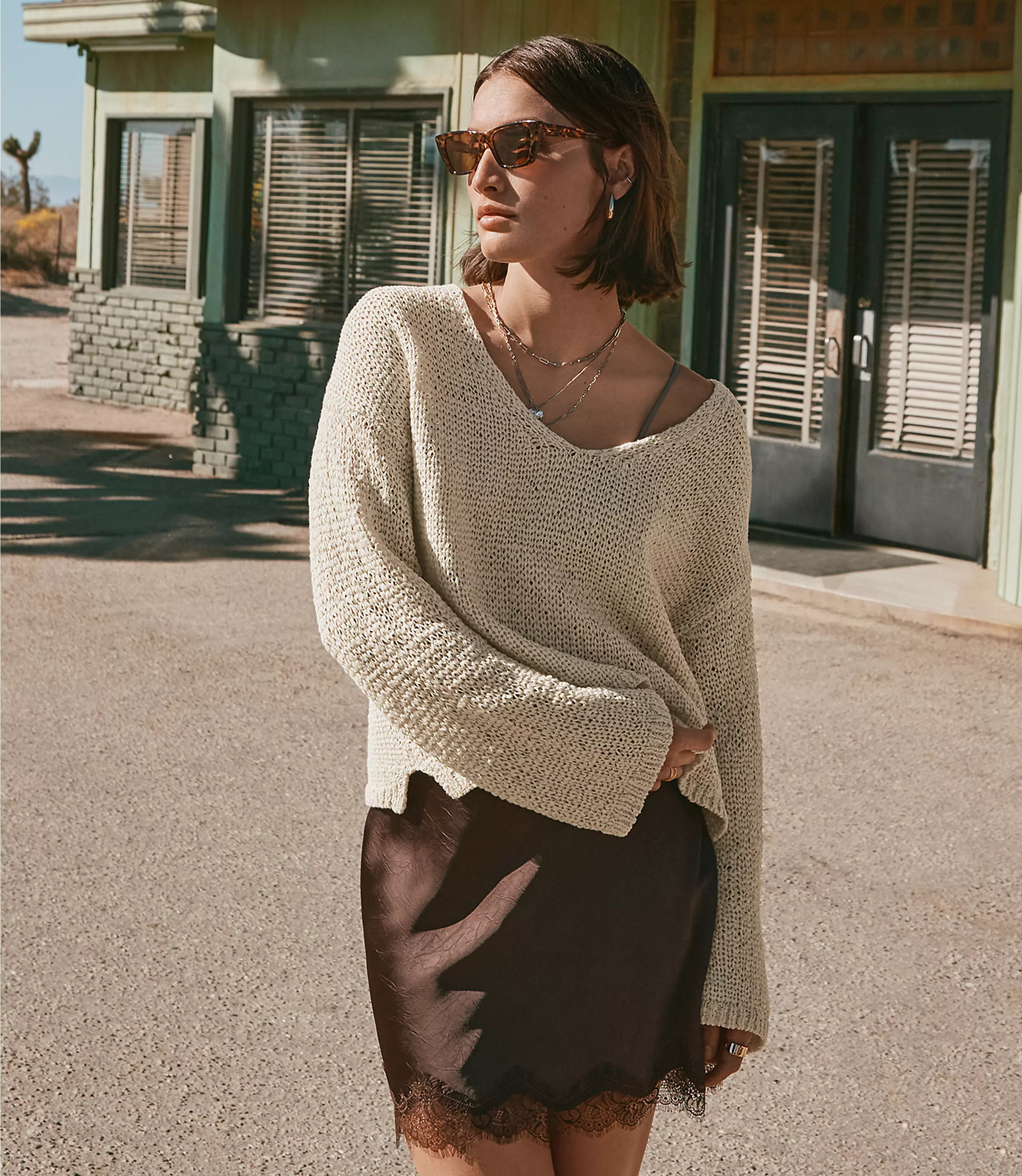 Open Stitch V-Neck Sweater | LOFT