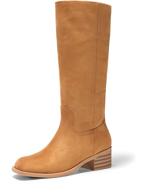 Coutgo Women's Knee High Boots Square Toe Chunky Block Heel Tall Boots Comfortable Low Heel Shoes | Amazon (US)
