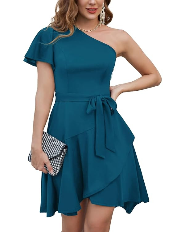 GRACE KARIN Women's Cocktail Dresses Elegant One Shoulder Wedding Guest Dress Ruffle Short Sleeve... | Amazon (US)