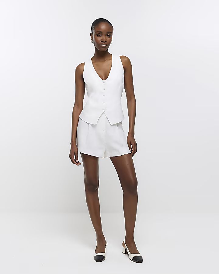 White linen blend button shorts | River Island (UK & IE)