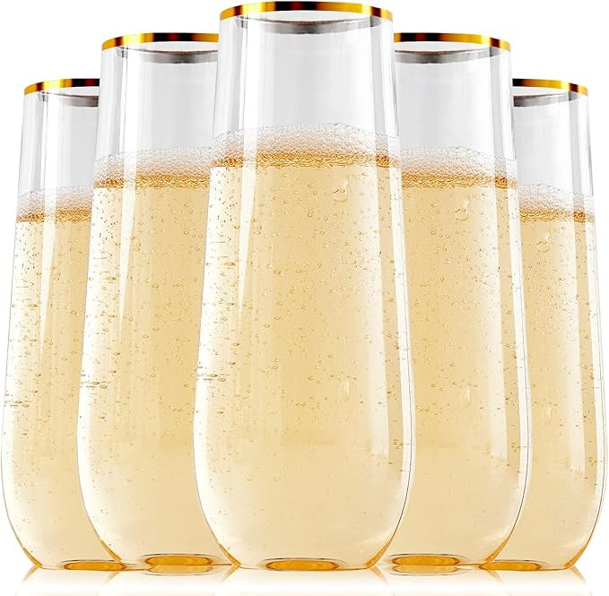 FOCUSLINE 24 Pack 9 Oz Plastic Stemless Gold Rim Champagne Flutes, Heavy Duty, Shatterproof, Disp... | Amazon (US)