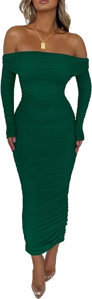 PRETTYGARDEN Women's Fall Off Shoulder Maxi Bodycon Dress Long Sleeve Ruched Fitted Club Dresses ... | Amazon (US)