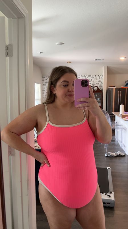 Aerie swimsuit one piece wearing xxl long as a size 16. Doesn’t work with my apron belly because it’s high cut on the leg 

#LTKmidsize #LTKswim #LTKSpringSale