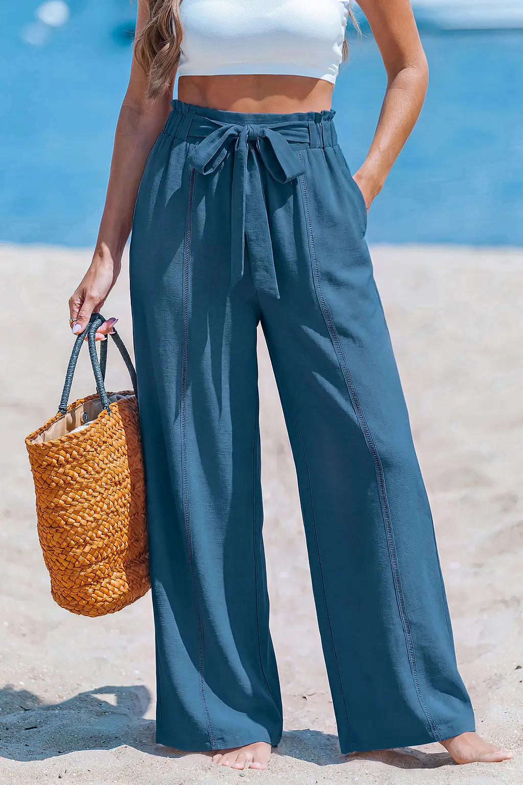 Blue Wide Leg Pants with Tie Waist for Beach Vacation | Cupshe US