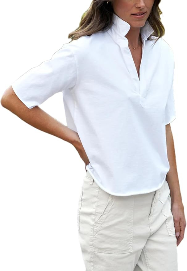 Womens Short Sleeve Shirts Lapel V Neck Pullover Tops Solid Color/Striped Dressy Casual Blouses | Amazon (US)