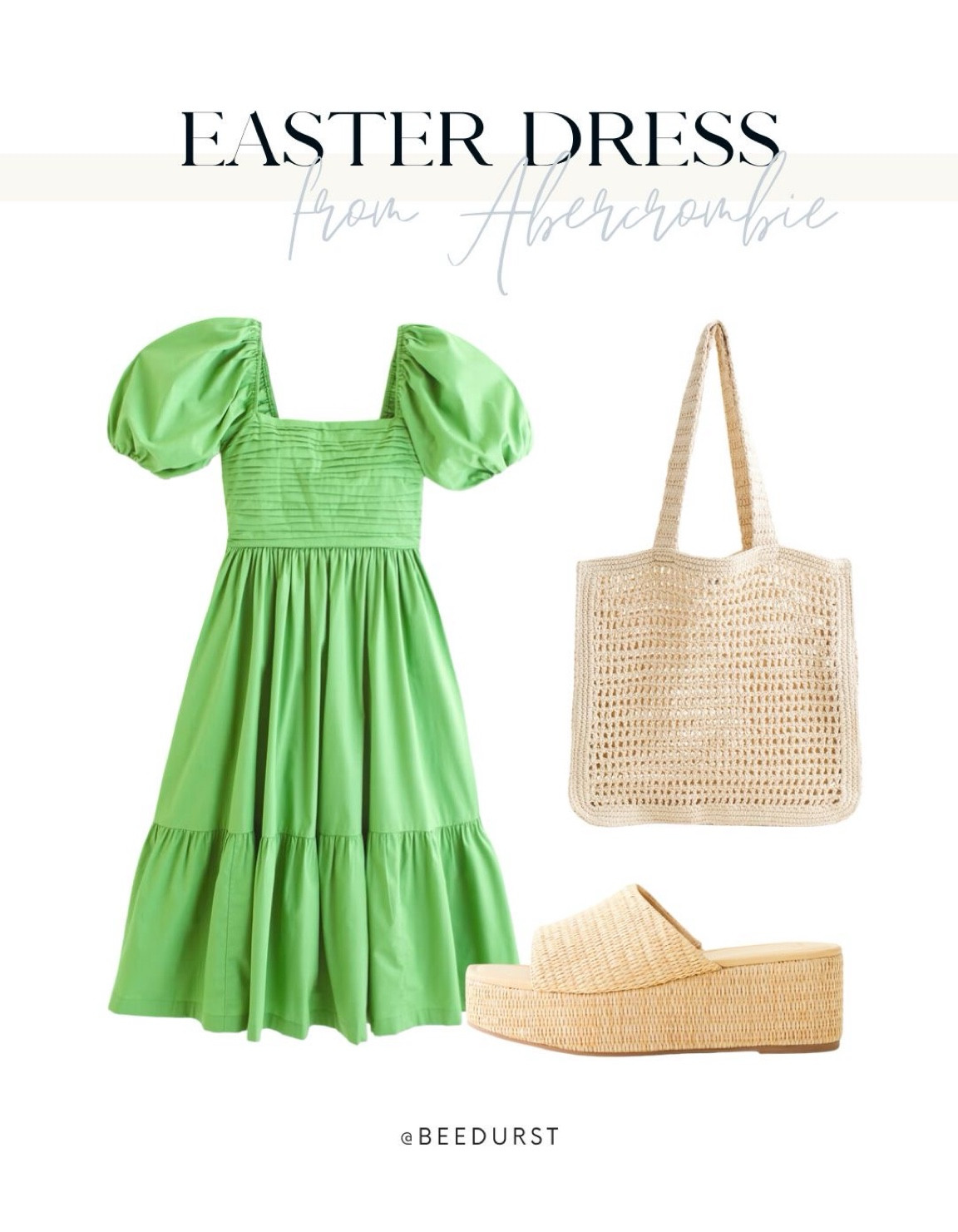 Spring outfit from Abercrombie, green dress, spring dress, Easter dress, Easter sandals, spring sandals, spring shoes, puff sleeve midi dress, straw platform heels, crochet tote bag, spring purse, spring bag, spring fashion, resort wear, vacation outfit, date night outfits

#LTKsalealert #LTKstyletip #LTKSeasonal