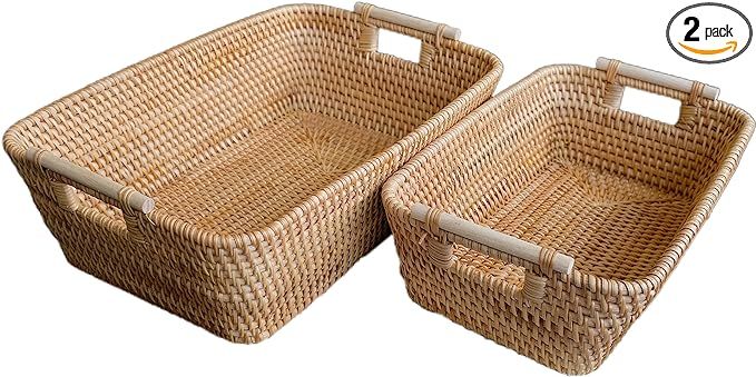 Set 2 Rattan Natural Storage Baskets for Organizing, Wicker Cubby Storage Bins, Rattan Storage Ba... | Amazon (US)