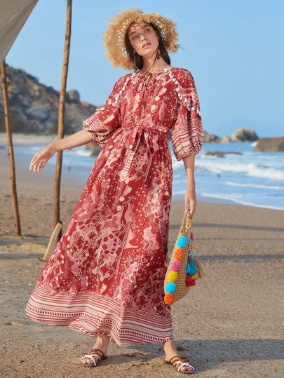 SHEIN Tie Neck Tassel Trim Lantern Sleeve Belted Paisley & Floral Dress | SHEIN