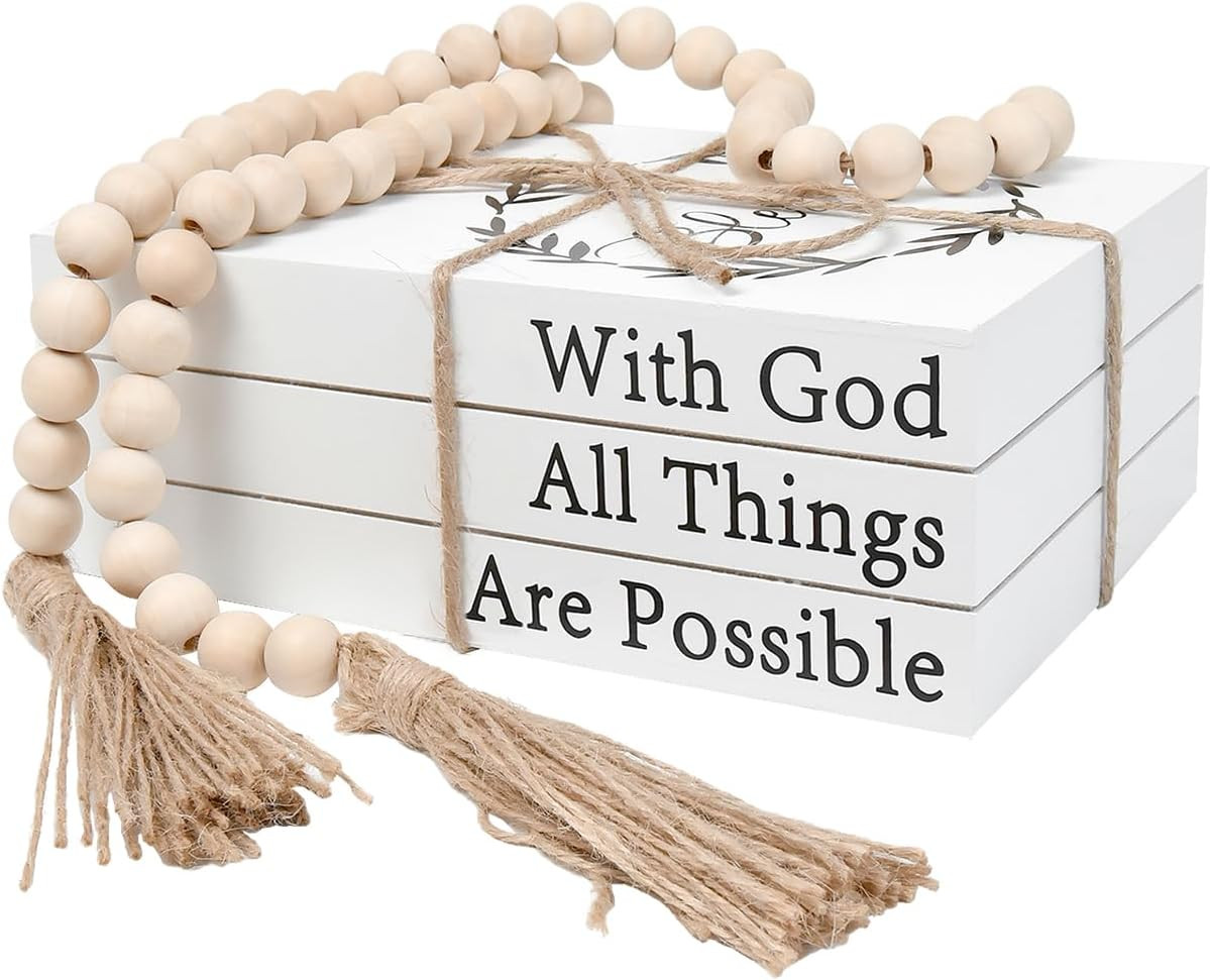 Decorative Books for Home Decor, Faux Books for Decoration, Rustic Farmhouse Decor, Fake Books with 52in Wood Beads Garland, Book Decor for Living Room Coffee Table (Blessed) | Amazon (US)