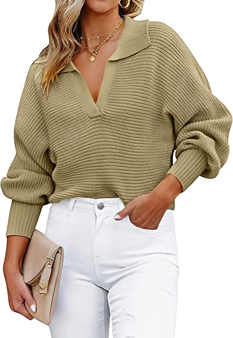 ANRABESS Women's 2022 Fall Sweater Batwing Long Sleeve Henley V Neck Ribbed Knit Casual Loose Pullov | Amazon (US)