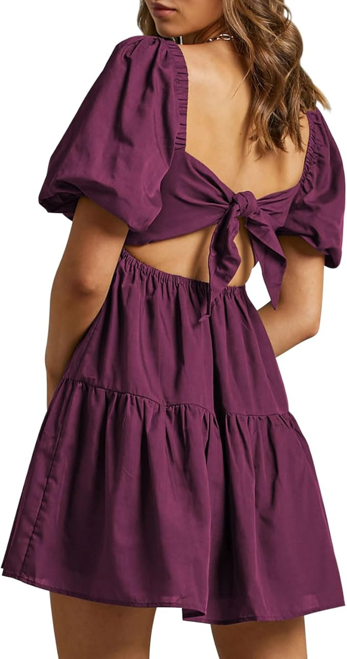 OWNGIGI Women's Summer Dress Square Neck Puffy Short Sleeve Loose Tie Back Casual A-Line Mini Dre... | Amazon (US)