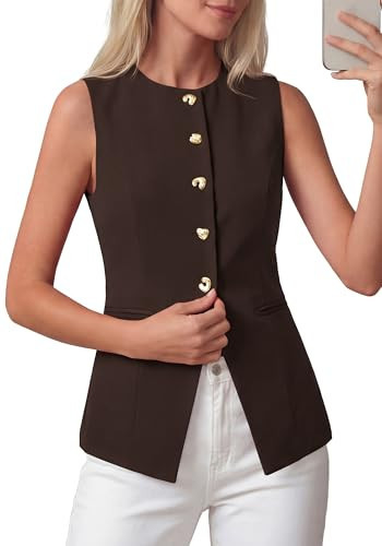 BTFBM Blazers for Women Vest Tops Business Casual Outfits Button Down Sleeveless Pockets Office Work Clothes Spring 2026(Brown, Medium) | Amazon (US)