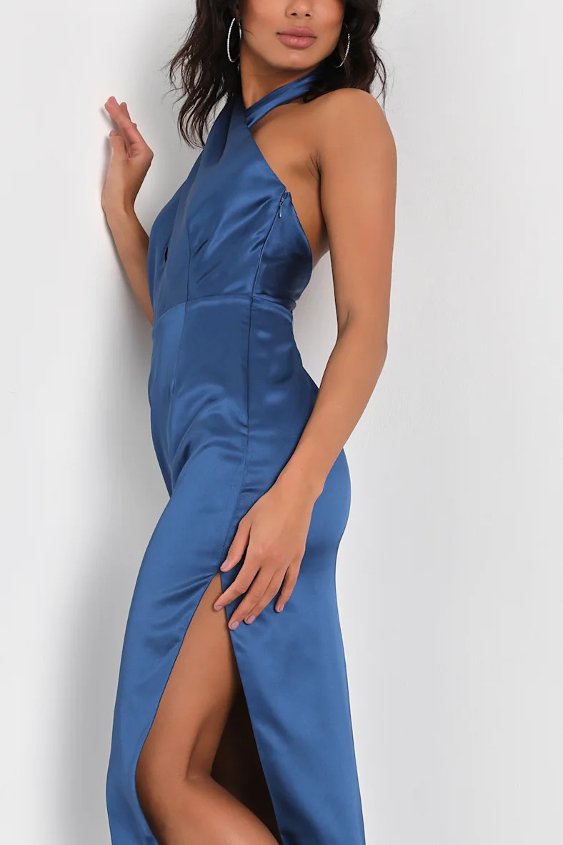 Glamorous Desires Navy Blue Satin Sleeveless Halter Midi Dress | Lulus (US)