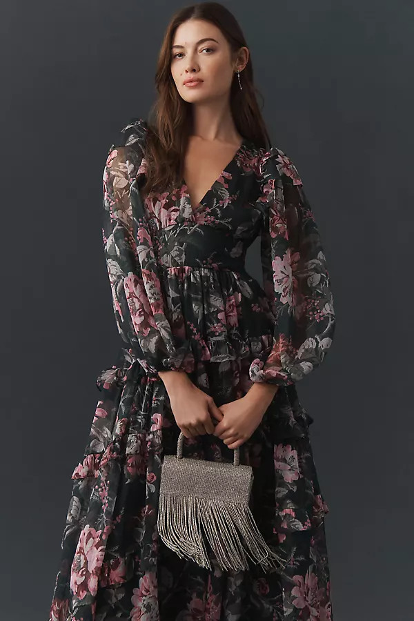Floral Chiffon Plunge Long-Sleeve Ruffle Maxi Dress | Anthropologie (US)