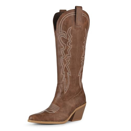 IDIFU Brown Cowboy Boots for Women Cowgirl Knee High Western Embroidered Booties Side Zipper Low Block Chunky Heel Pull on Pointed Toe Tall Booties Cute Wedding Bride Dress Long Boots(Brown Pu, 11) | Amazon (US)