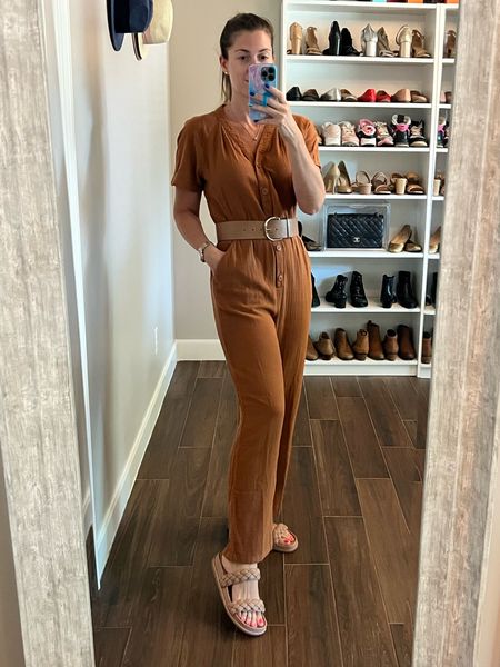 🚨 Jumpsuit alert 🚨 At 5’10” I had given up on jumpsuits,l for a whole, but I’m so glad my client recently inspired me to start hunting again. 

Found this gauze beauty for just $79! I removed the matching waist tie and added my own belt to dress it up. I suggest you do the same 😉 Runs large. Wearing a size small. 

Slides are super comfy and a more stylish alternative to Birkenstocks. Runs TTS. 

#LTKshoecrush #LTKstyletip #LTKunder100