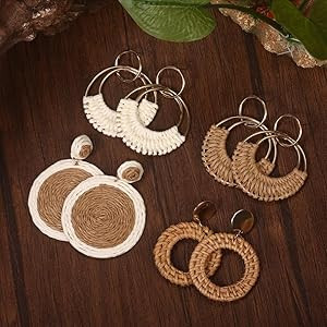 4 Pairs Handmade Raffia Rattan Bohemian Round Drop Dangle Earrings for Women, Boho Statement Cute... | Amazon (US)