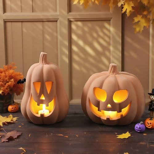 Tioncy 2 Pack Terracotta Pumpkin Decoration Handmade Brown Clay Pumpkin Jack-o-Lantern Halloween Tealight Holder Rustic Farmhouse Fall Home Decor for Table Porch Mantel Indoor Centerpieces(Orange) | Amazon (US)