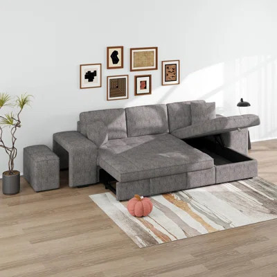 104.5" Pull Out Sleeper Sofa Reversible L-Shape 3 Seat Sectional Couch With Storage Chaise And 2 Stools For Living Room | Wayfair North America
