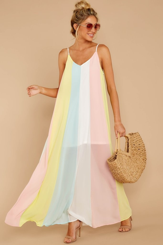 Wave Goodbye Pastel Rainbow Stripe Maxi Dress | Red Dress 