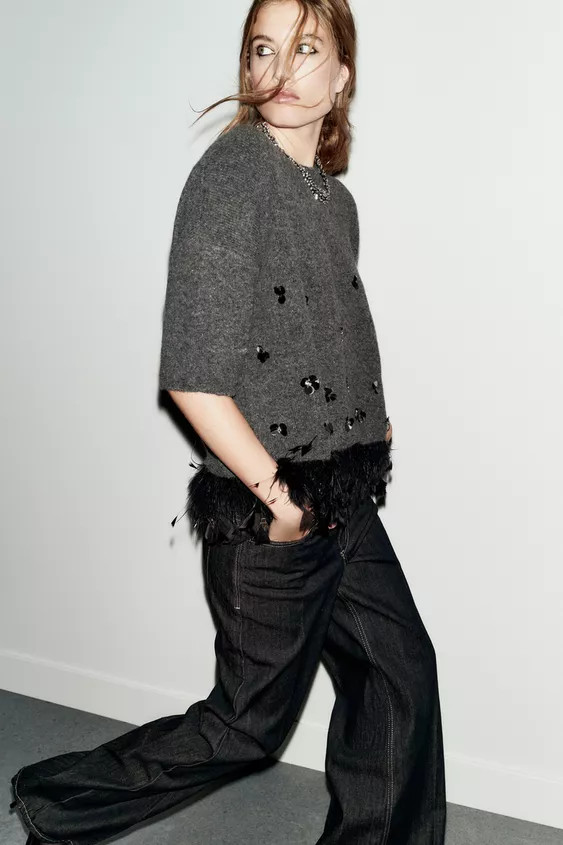 WOOL SWEATER WITH SEQUINS AND FEATHERS | Zara US