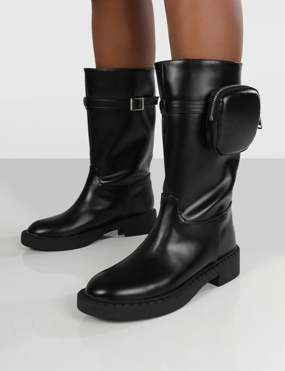 Evoke Black Pocket Detail Calf Height Boot | Public Desire (US & CA)