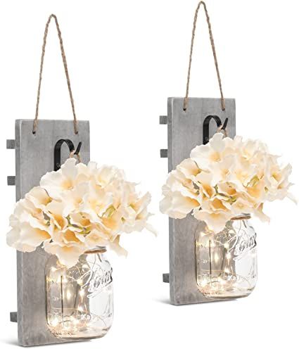 Rustic Wall Sconces - Mason Jars Sconce, Rustic Home Decor,Wrought Iron Hooks, Silk Hydrangea and... | Amazon (US)