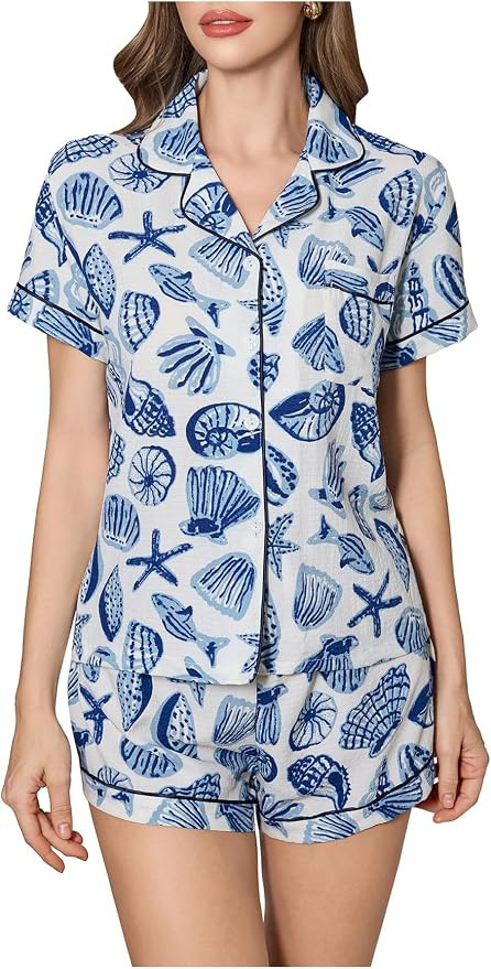 Women's 2 Piece Pajama Set Graphic Short Sleeve Button Down Shirt and Shorts Set Sleepwear | Amazon (US)