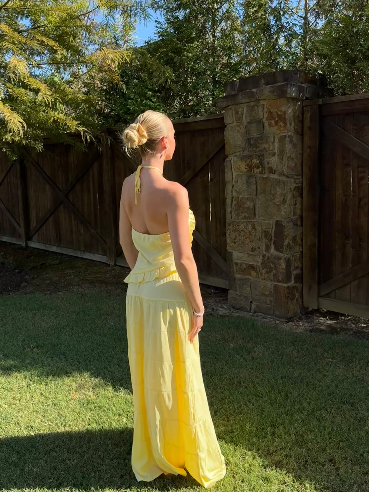 yellow halter neck with open back matching set | amazon affordable sets | breathable cute ruffle set | flowy maxi skirt set