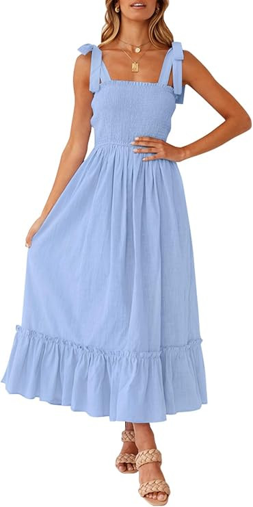 ZESICA Women's 2023 Summer Boho Spaghetti Strap Square Neck Solid Color Ruffle A Line Beach Long ... | Amazon (US)