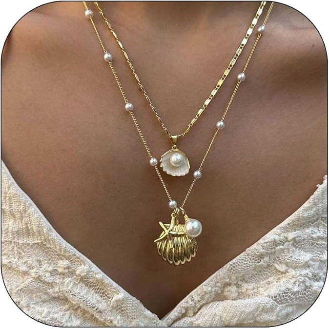 choice of all Gold Sea Shell Necklace Layer Charm Necklace for Women Boho Summer Seashell Beach S... | Amazon (US)