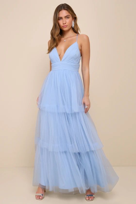 Charming Glamour Light Blue Tulle Sleeveless Tiered Maxi Dress | Lulus
