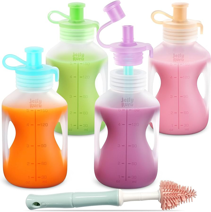 Silicone Reusable Baby Food Pouches with Straws, 4 Pack Leakproof Refillable Squeeze Pouches, Dis... | Amazon (US)