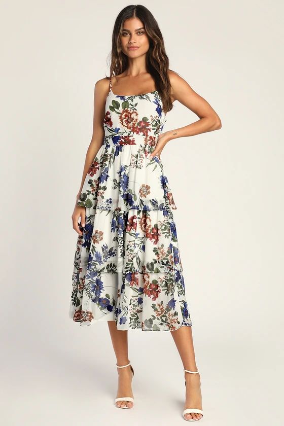 Romantic Visionary White Floral Sleeveless Tiered Midi Dress | Lulus (US)