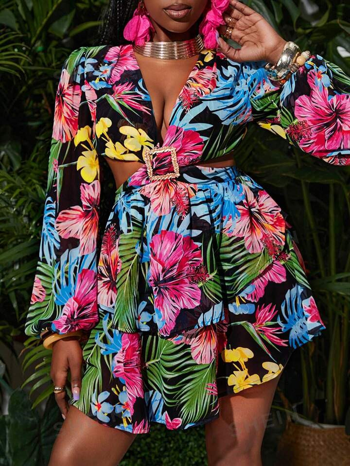 SHEIN Holiday Music Festival Date Night Sexy Waist Cut Out Open Back Thin Strap Long Sleeve Chiff... | SHEIN