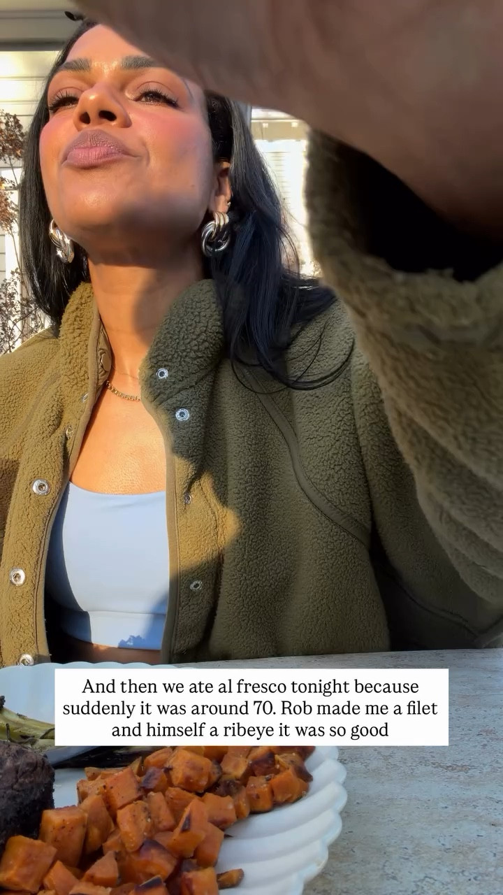 BTS from my week! We ate al fresco tonight because suddenly it was around 70. Rob made me a filet and himself a ribeye it was so good

#LTKdayinmylife #LTKActive #LTKootd